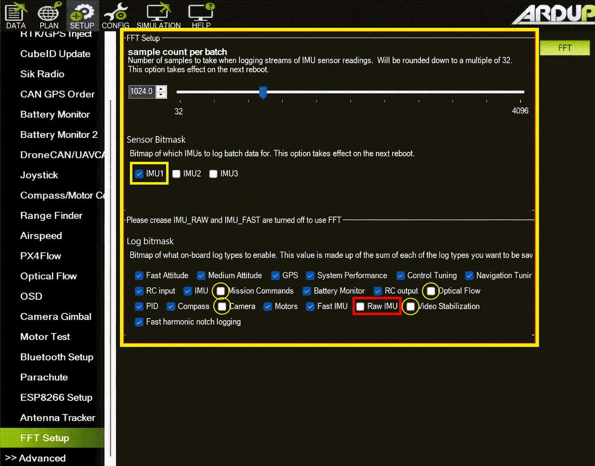 Интерфейс FFT Setup в Mission Planner
