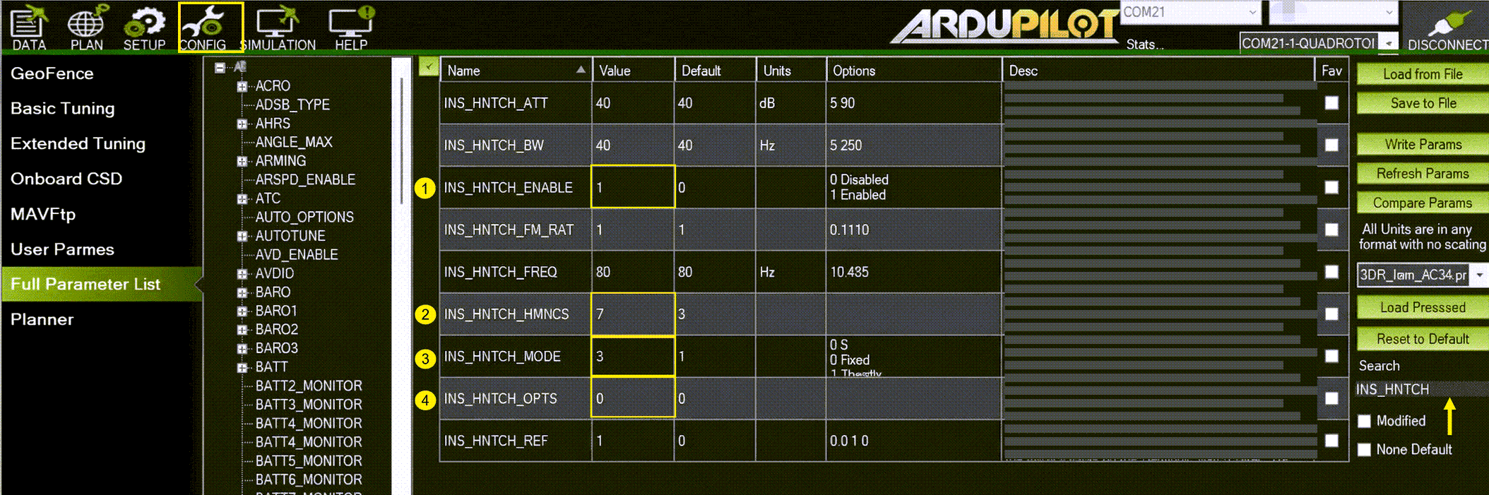 Включение harmonic notch в параметрах ArduPilot