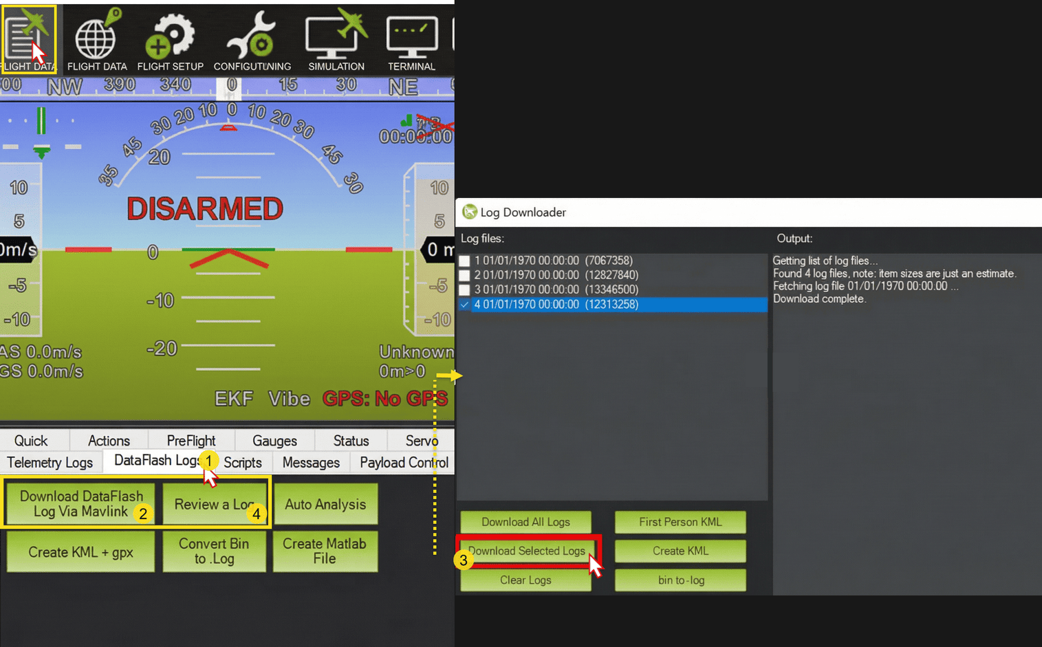 Интерфейс скачивания логов в Mission Planner