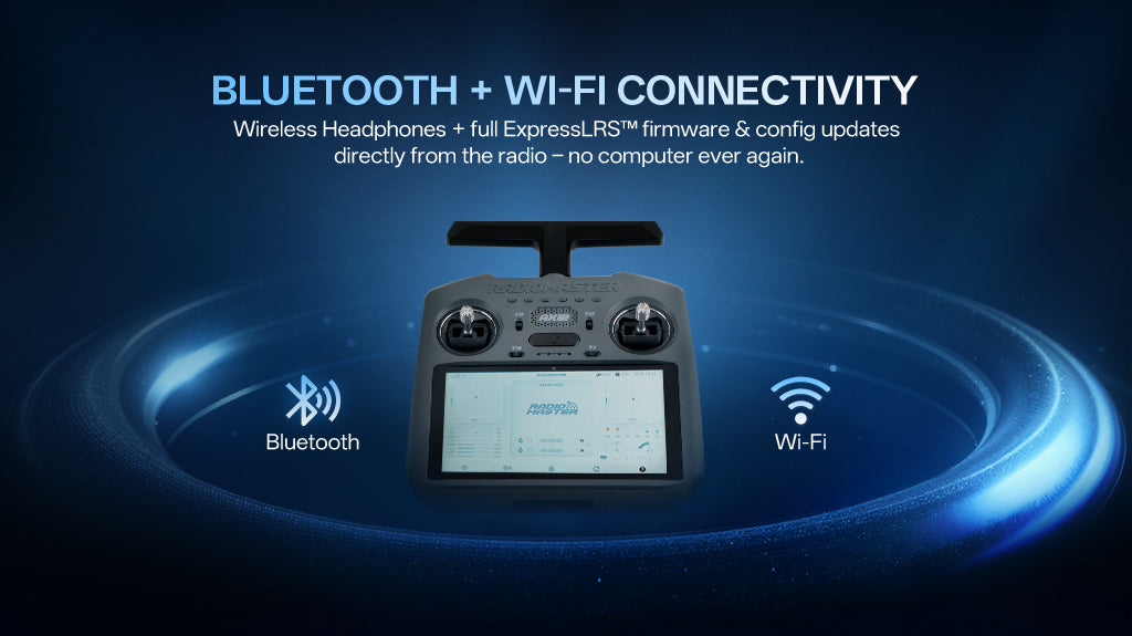 Bluetooth + Wi-Fi connectivity, ExpressLRS firmware updates from the radio