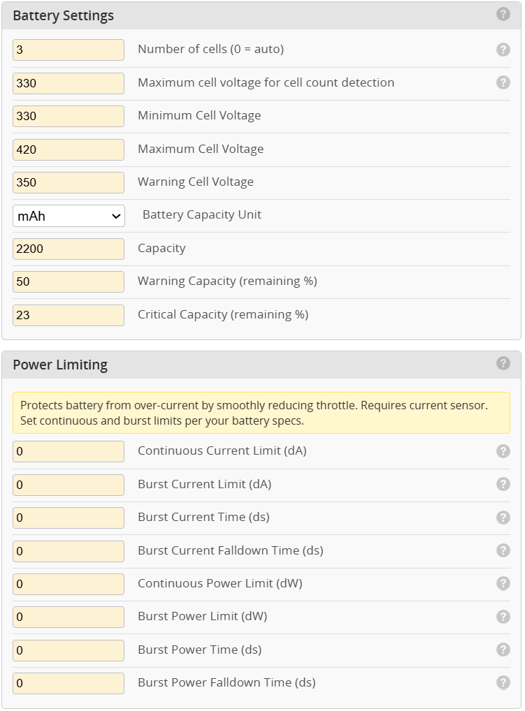 Battery Settings and Power Limiting: пороги ячейки, ёмкость и ограничения тока и мощности