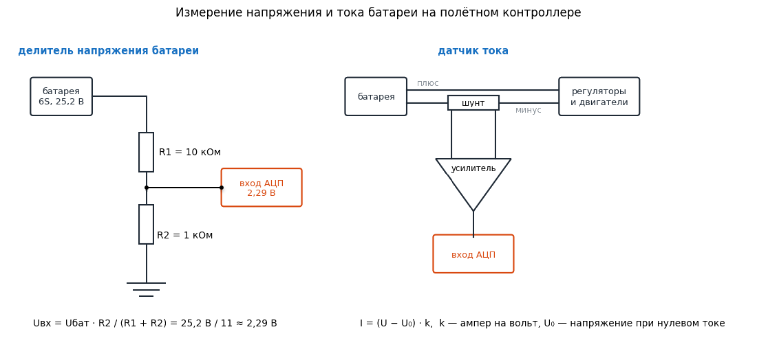 Делитель напряжения из резисторов 10 кОм и 1 кОм для батареи из шести элементов и датчик тока с шунтом и усилителем.