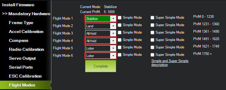 Экран Flight Modes: выбор режима для каждой из шести позиций переключателя