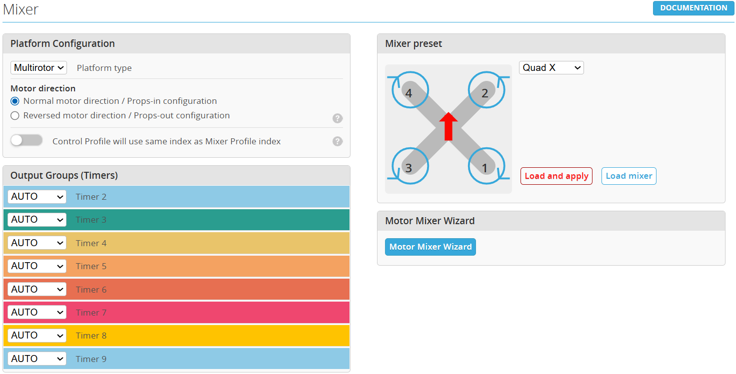 Mixer: platform type, motor direction, output groups, Quad X preset and motor mixer