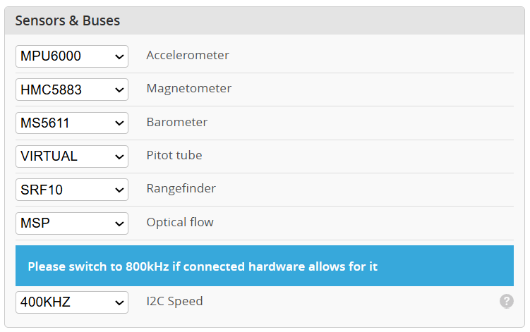 Configuration Sensors and Buses: типы датчиков и I2C speed