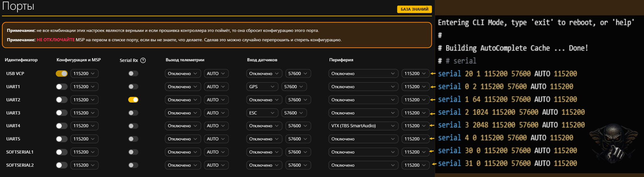 Окно CLI с выводом команды serial: порт, маска функций и четыре скорости