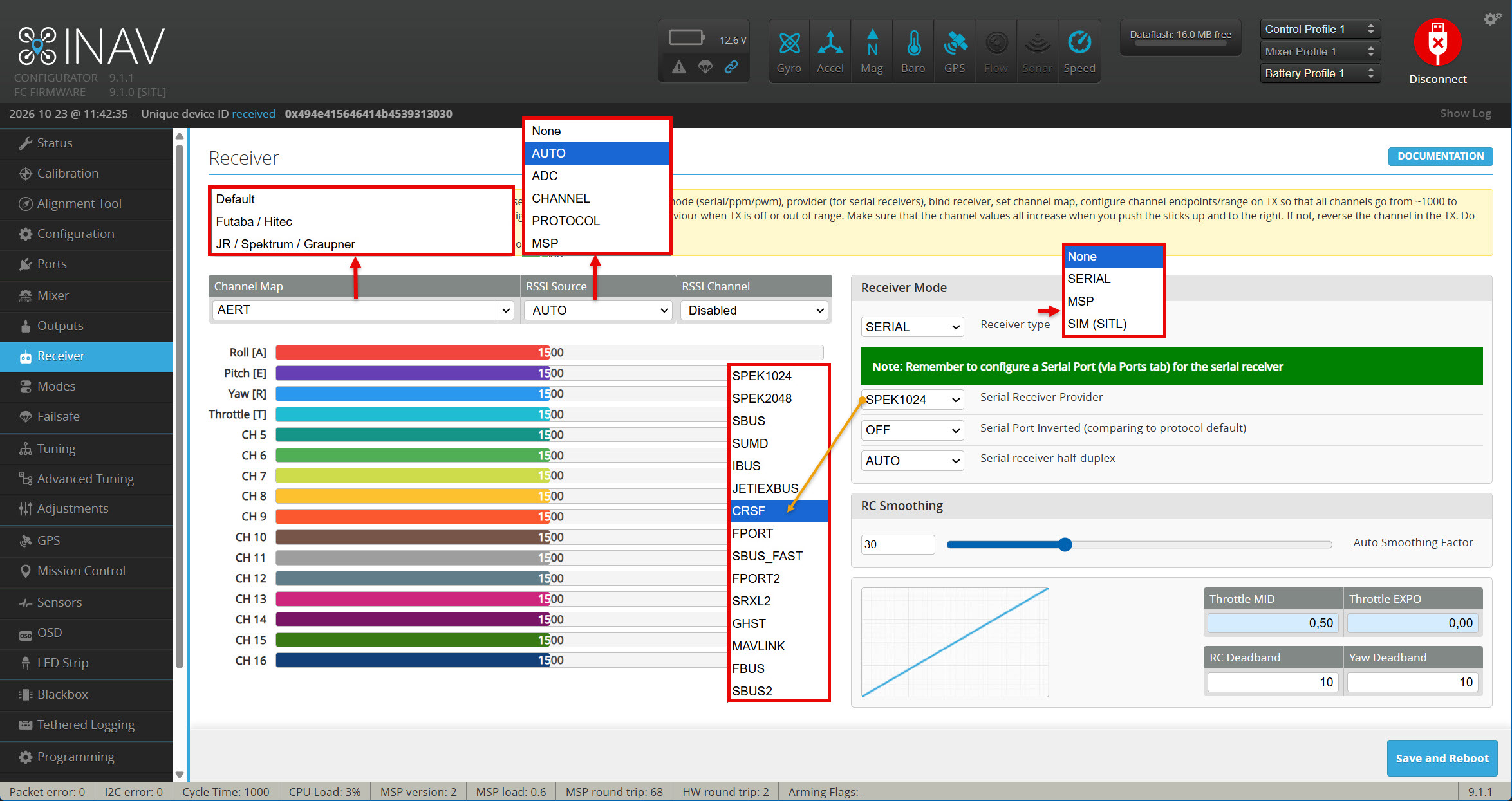 Вкладка Receiver INAV Configurator 9.1.1 с firmware 9.1.0 SITL