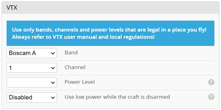Поля VTX: band, channel, power level и поведение при disarmed